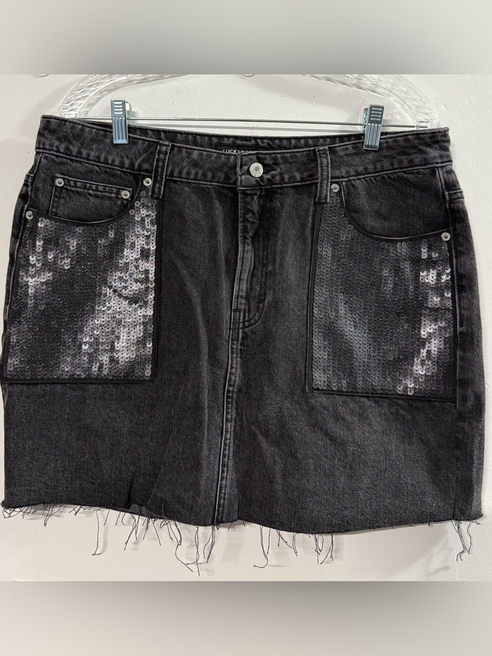 Lucky Brand Black Denim mini Skirt with Sequin front and back Pockets